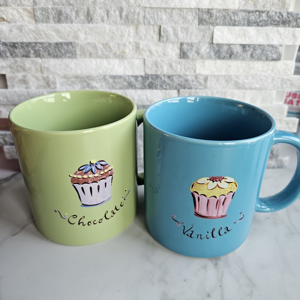 Anthropologie Green and Blue Cupcake Mug Set